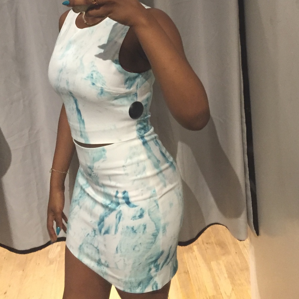 White and blue water/marble bodycon cutout dress